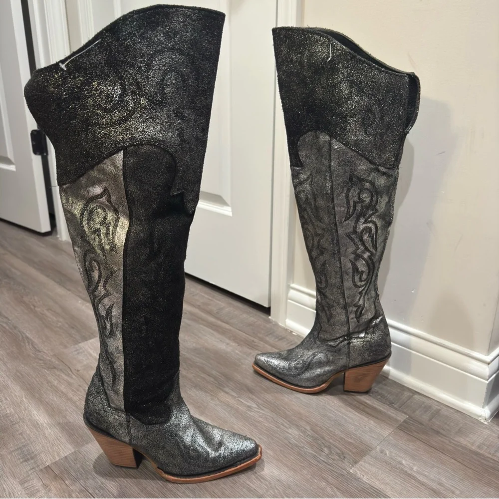 Corral Boots Metallic Tall OTK Silver Black Suede Leather Western Boots Z5245